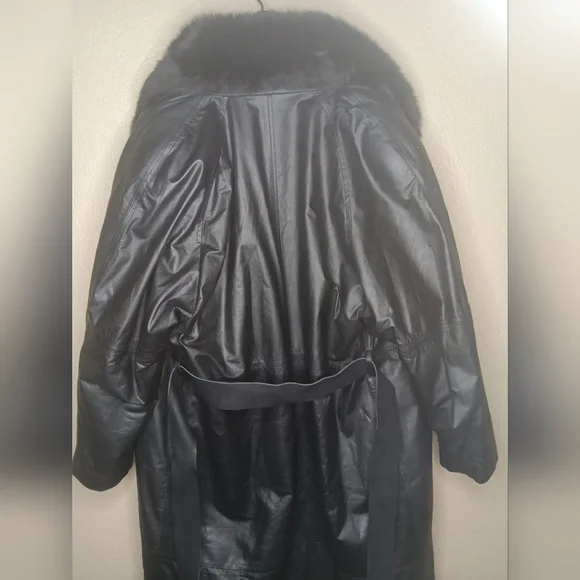 Vintage CAROLE LITTLE Women's L Trench Coat Belted Black Fur Collar Penny - Picture 6 of 6